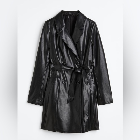 H&M Black Leather Double Breasted Belted Trench Coat Womens Size XS - Picture 10 of 10